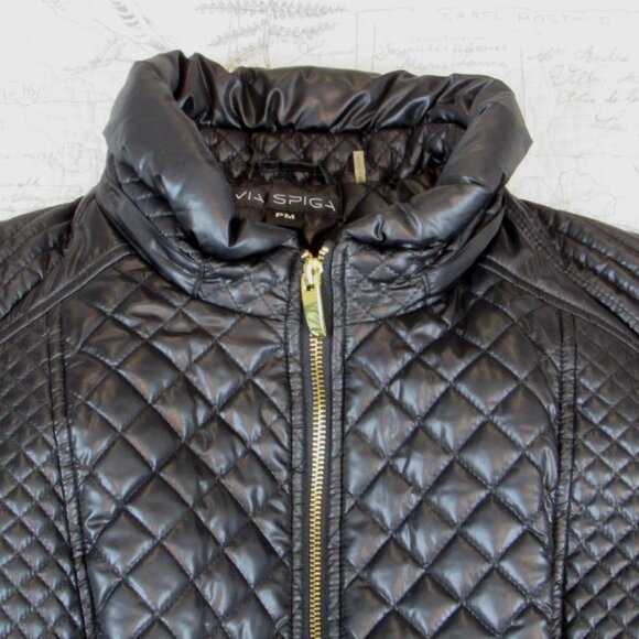 Perfect $208 Via Spiga Black Quilted Light weight Fitted Walker Jacket Coat PM - Picture 4 of 8